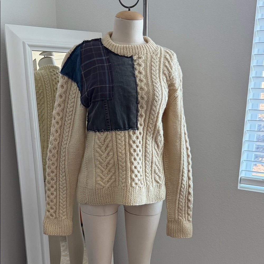 Cream Cable Knit Sweater With Patchwork Detail - image 1